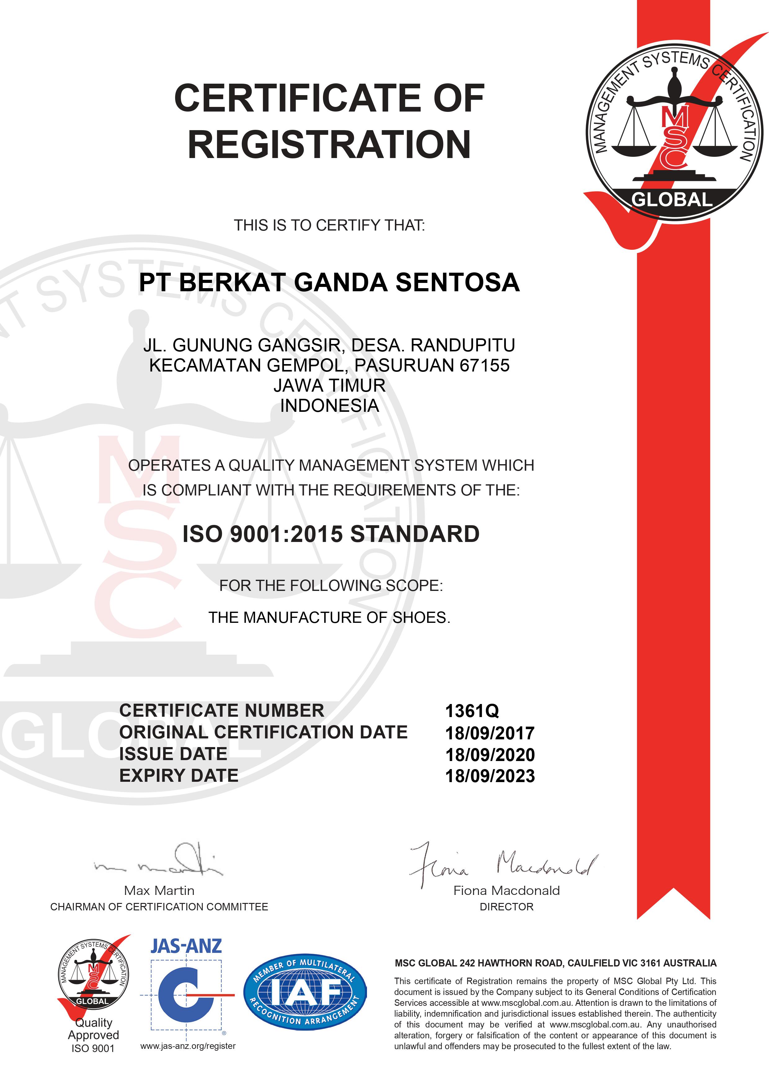 iso 9001, berkat ganda sentosa